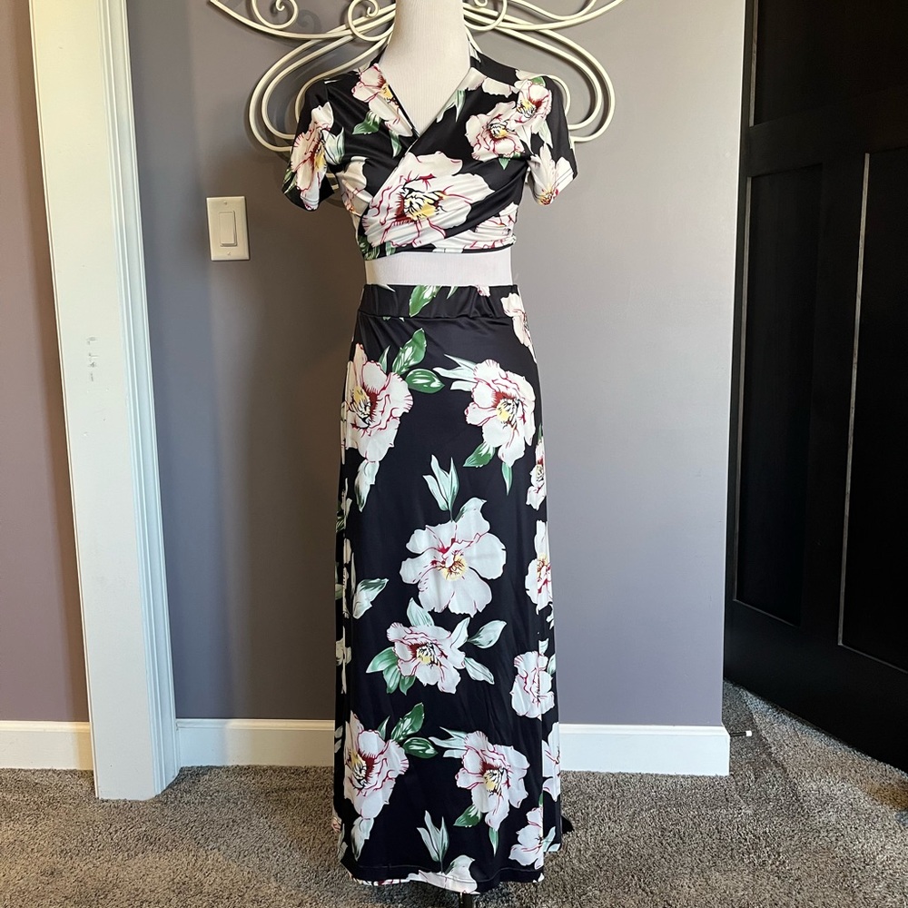MESLIMA Outfit Sexy V Neck Crop Top Boho Floral Print Beach High Split Maxi